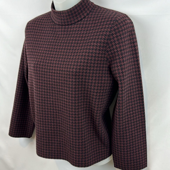 Theory Harmona Houndstooth Printed‎ Burgundy Wool Mock Neck Top Sweater Size S - Picture 7 of 12